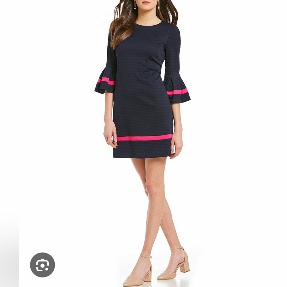 Eliza J bell sleeve fit & flare navy dress textured feminine chic size 8P